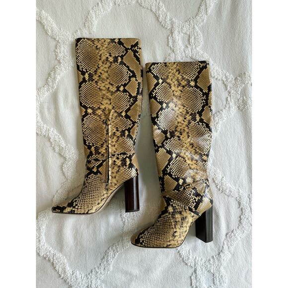 Tory Burch NWOT Pull On Knee High Snake Embossed Leather Boots Sand Drift Sz 6.5 - Picture 1 of 7